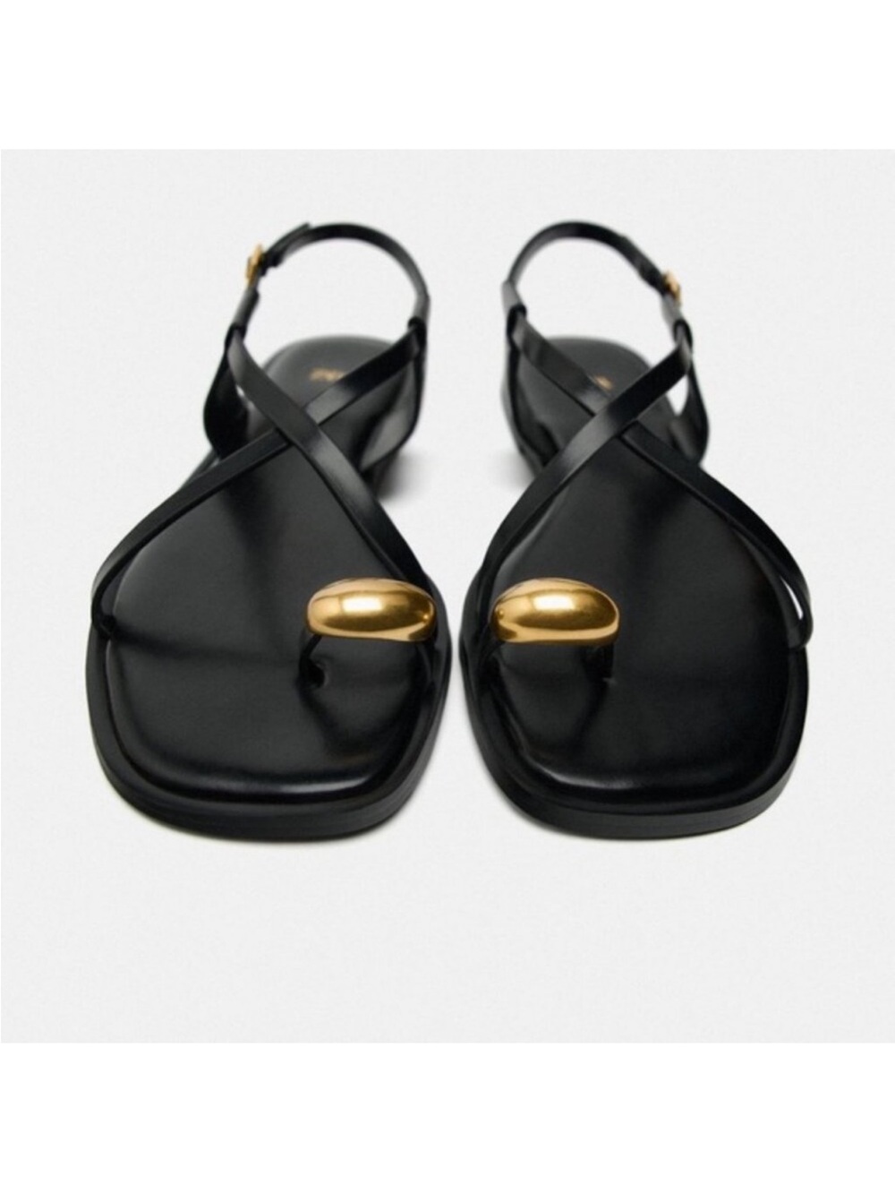 Zara Black Flat Strappy Leather Toe-Ring Sandals with Gold Detail Sz 39 - Picture 3 of 12